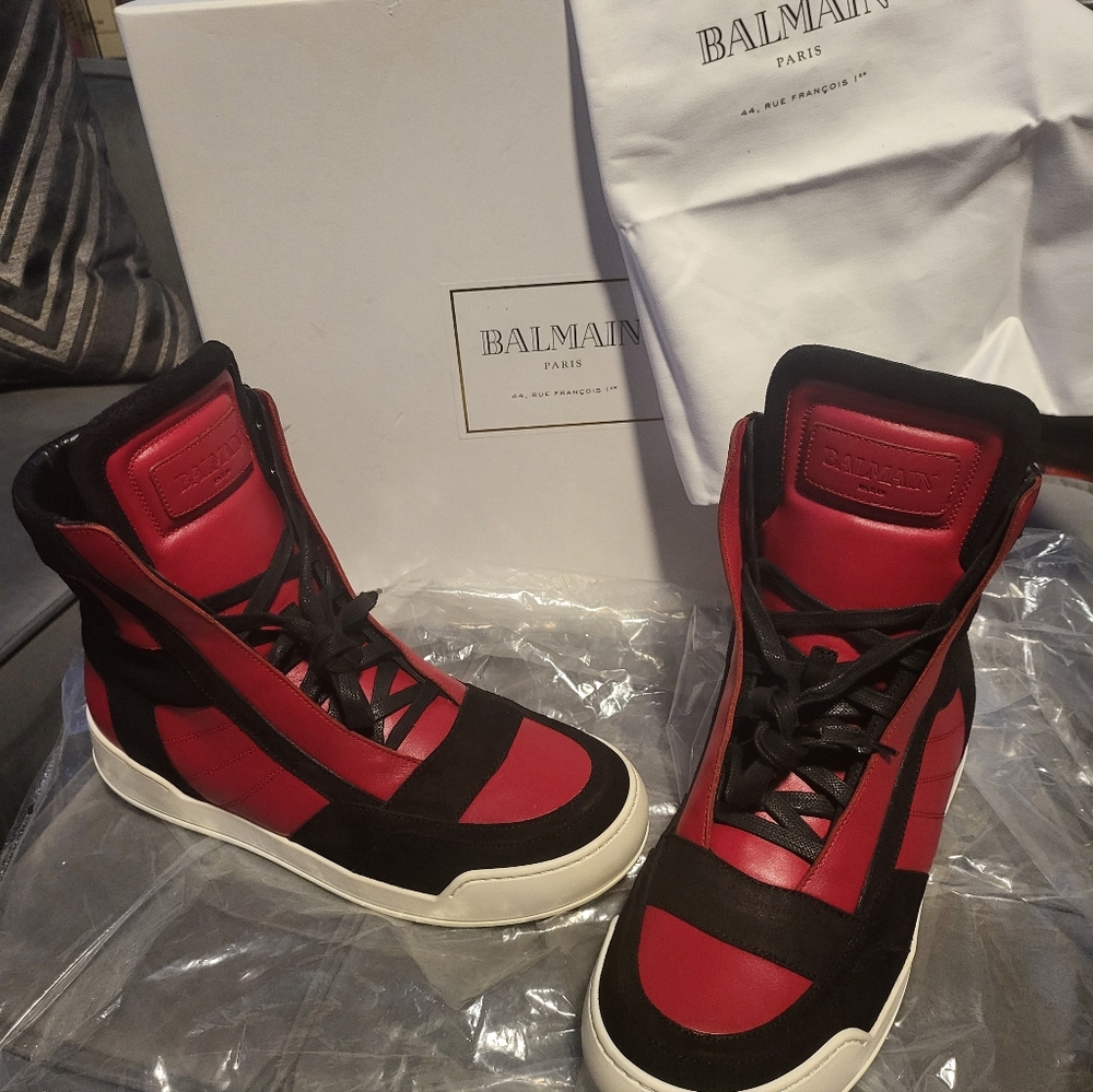 Balmain Black and Red High-Top Sneakers